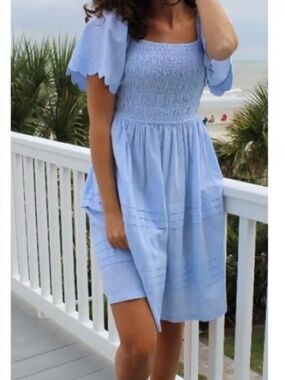 Simply Southern Dress Women’s L Blue 100% Cotton Scalloped Puff Sleeve Layered